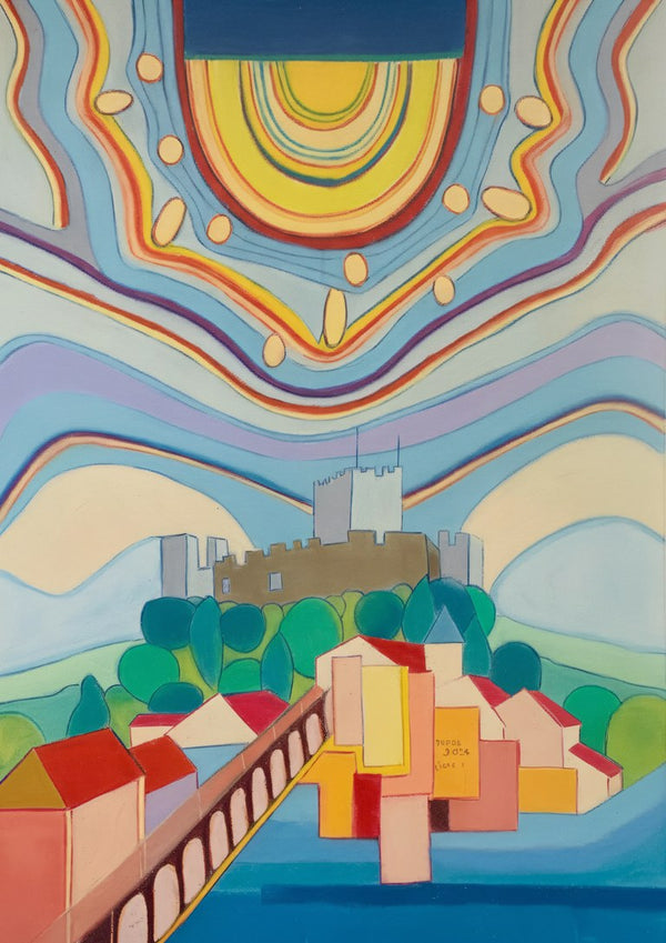 Tomar by day by Gerard Ceulemans - hill town with a grey castle, colourful houses and an arched bridge under a striped sky