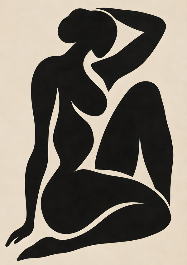 Black Nude Silhouette – Minimalist Abstract Figure Wall Art by TimlessArtworks - seated figure cut out in solid black on a warm cream background