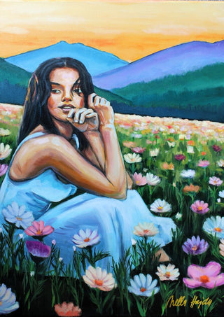 Where Wildflowers Dream by Nella Hajdu - woman in a pale blue dress sitting among white and pink cosmos flowers under an orange sky