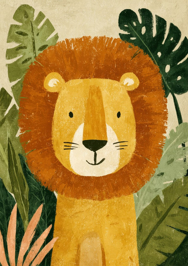 Jungle Lion by Decker Studios - lion with a rust orange mane among dark green jungle leaves on a cream background