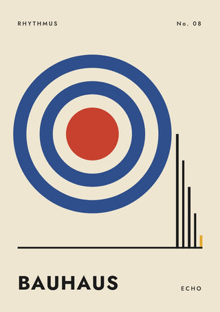 Bauhaus Echo by ARTSY FARTSY, Bauhaus poster with concentric blue rings around a red centre with stepped black bars