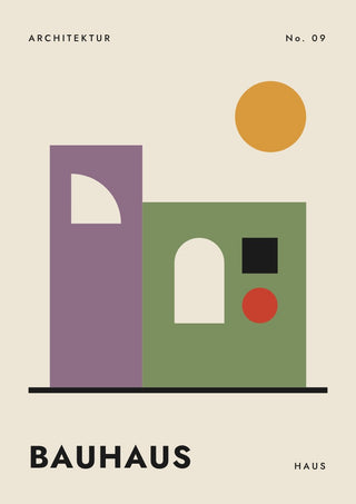Bauhaus Haus by ARTSY FARTSY, Bauhaus poster with mauve and sage flat-roofed buildings under an ochre sun