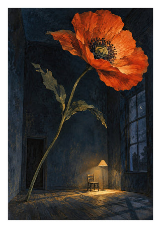 Poppy After Midnight by Matthews Gallerie - a giant orange poppy in a dark blue room lit by one lamp