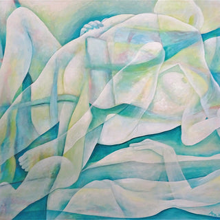 The Creation of the World by Andreas Pohle - two translucent nude figures intertwined in cream and turquoise