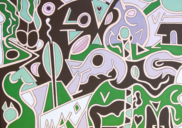 Love is All by Andreas Pohle - flat shapes in green, lilac and dark brown around the word LOVE