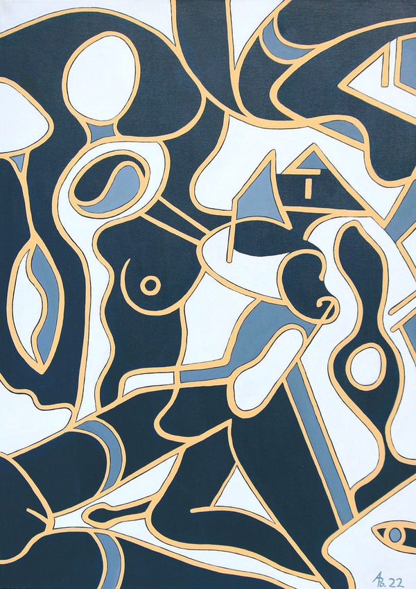 Erotica by Andreas Pohle - navy and steel blue shapes outlined in ochre with bodies emerging from the pattern