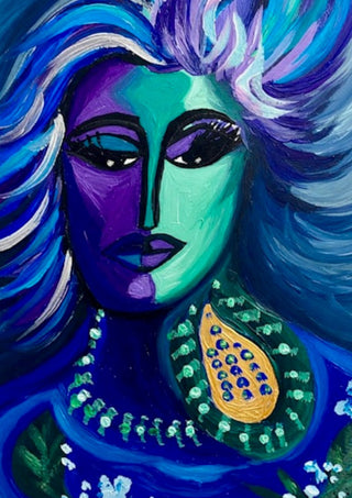 Blue Muse by Da Winters - a woman with flowing blue hair and a two-toned face against deep blue