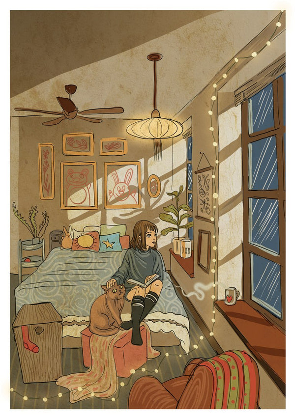 In my room by Nina Broen - a girl reading on her bed with a cat in a cosy attic room with fairy lights