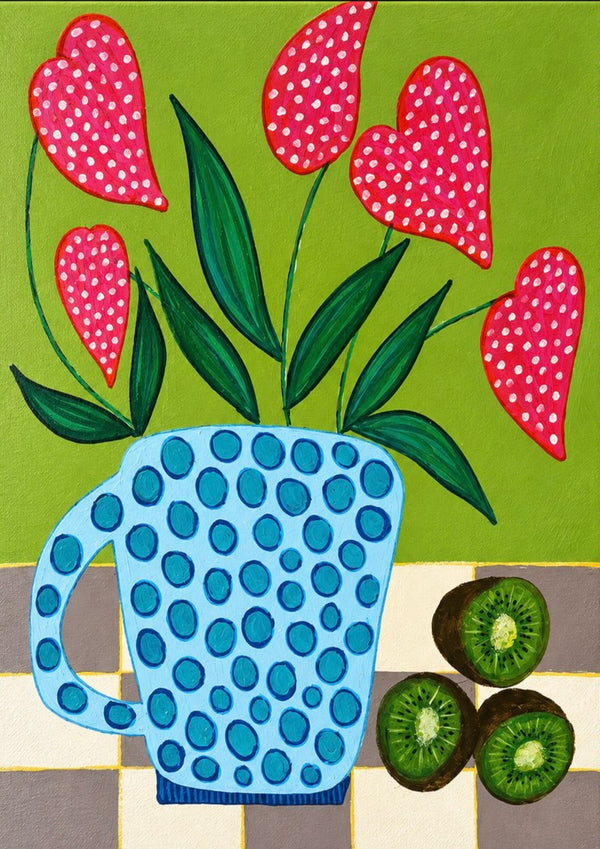 Kiwi My Heart by LGDyrby - heart-shaped pink flowers in a dotted blue mug with three kiwi halves