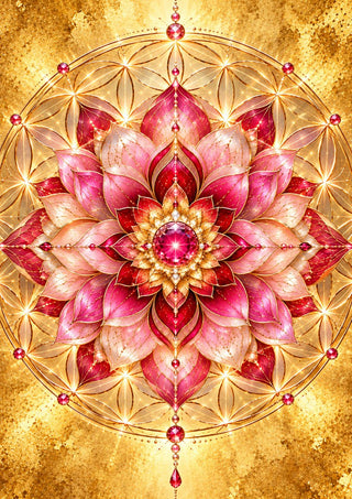 Flower of life by RA - a pink lotus mandala with a jewelled centre on a gold ground