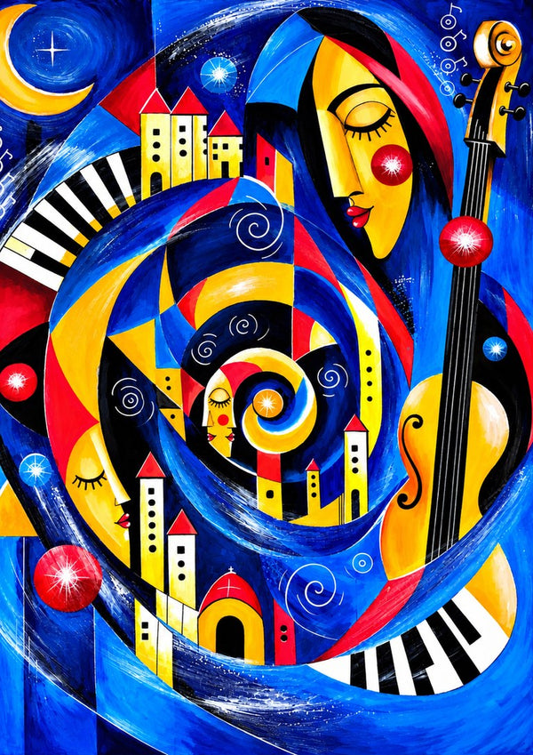 Symphony of Dreams by Andreas Gerlach - a blue spiral of houses, piano keys and sleeping faces