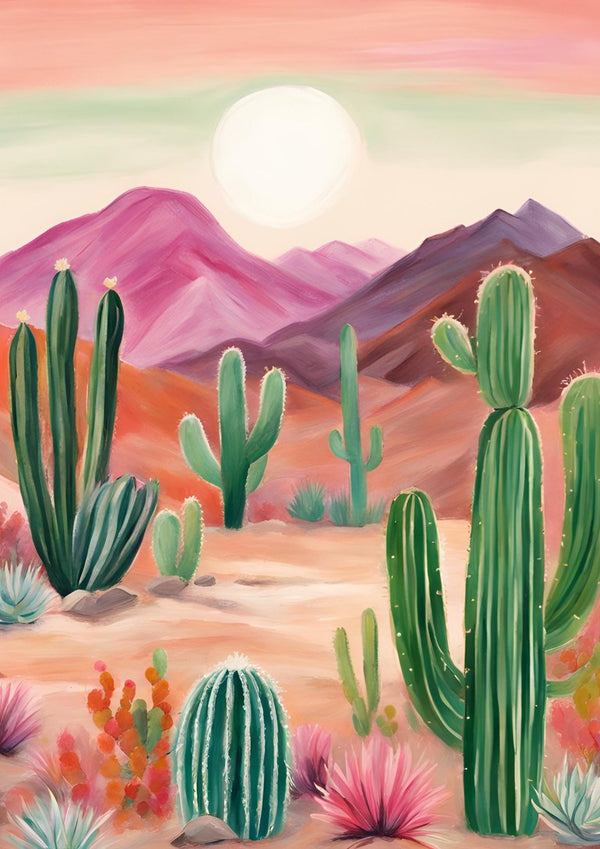 Cactus desert by Ohkimiko - green cacti before pink mountains and a pale sun