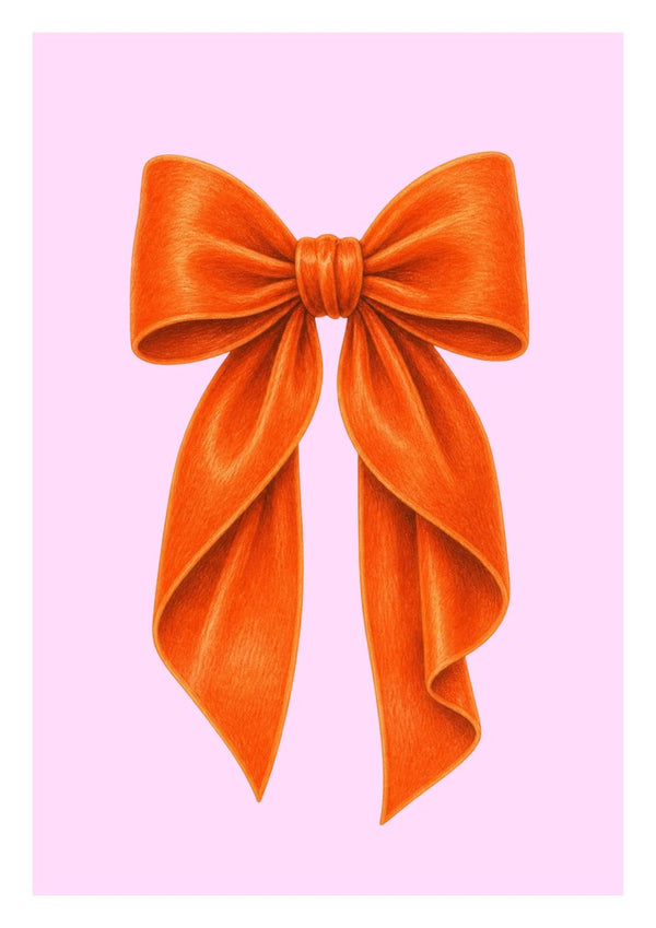 Orange velvet bow on pink by Ohkimiko - an orange velvet bow with long tails on pale pink