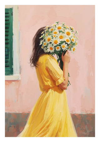 Girl in yellow dress with flowers by Ohkimiko - a woman in yellow holding white daisies