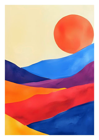 Red sun over colourful hills by Ohkimiko - a red sun over flat ridges of blue, purple and orange