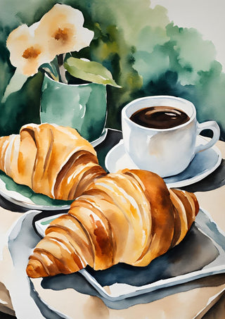 Petit dejeuner - coffee and croissants by Ohkimiko - two croissants and a cup of black coffee