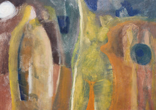 Moonlight dancer by António D'Albuquerque - a figure between ochre forms under a white spiral moon
