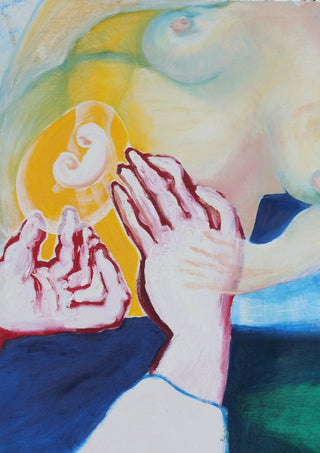 Between the Hands by António D'Albuquerque - a foetus in a golden disc held between two open hands