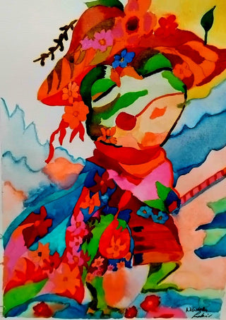 The little frog by Nittaart - a green-faced figure in a flowered hat and red scarf