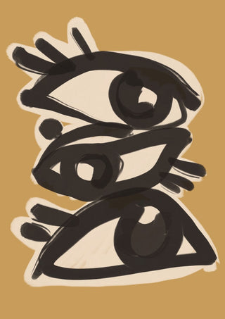 Abstract line art eyes 10 by ThingDesign - three brushed eyes on a camel brown ground