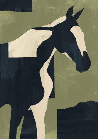 Abstract Minimal Horse 4 by ThingDesign - a horse in flat black and cream blocks on olive green