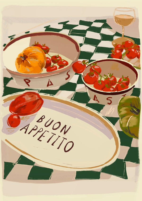 Buon Appetito by ThingDesign - an Italian table of tomatoes and wine on a green checked cloth