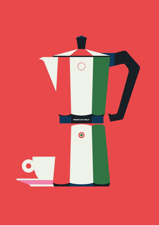 Italian coffee by Bo Lundberg - a moka pot in the colours of Italy with an espresso cup on red