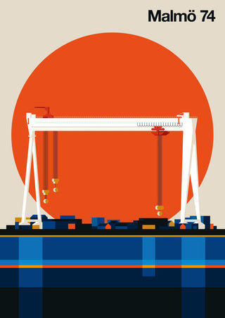 Malmö 74 by Bo Lundberg - the Kockums gantry crane against a large orange sun over a blue harbour