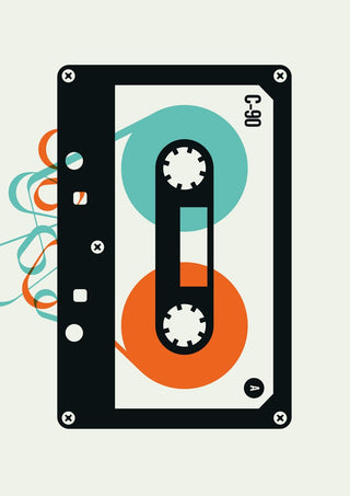 Mixtape by Bo Lundberg - a black cassette tape with turquoise and orange tape spooling loose