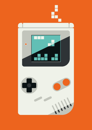 Playing games by Bo Lundberg - a cream handheld games console on bright orange