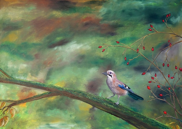 The Eurasian Jay by Juergen Duerrmann - a jay on a branch beside red berries in soft green woodland