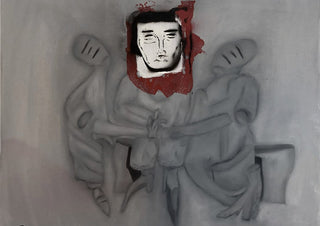 L. by Julian staal - three grey figures around a drawn face on a torn red patch