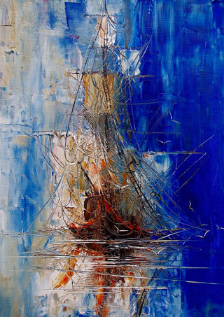 Ship in Blue by Justyna Kopania - a tall ship with pale sails against deep blue