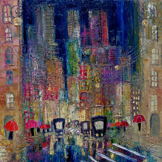 Rain on the Boulevard by Justyna Kopania - a wet city street with red umbrellas in blue and violet