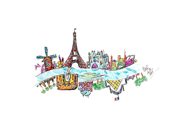 Paris by ullimcart - a windmill, an iron tower and rooftops above a pale blue river