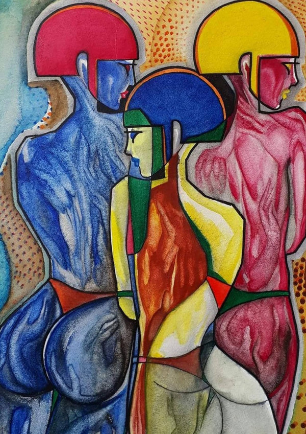 The 3 Graces by inksideme - three stylised figures in geometric planes of blue, pink and yellow green