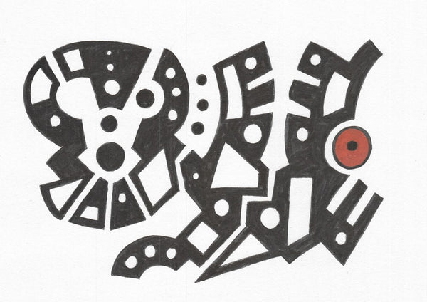 Black and White Glyphs by John Larkin - heavy black shapes with white cut-outs and one dark red disc