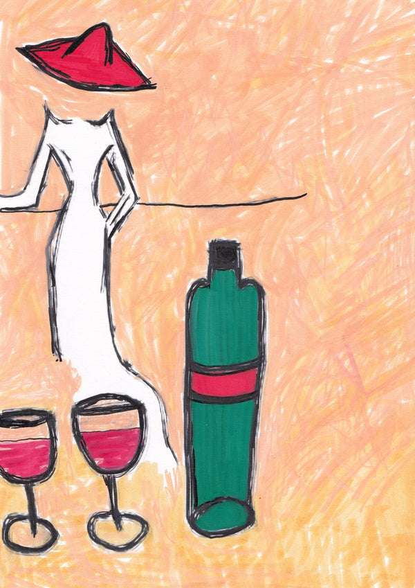 Lady in the Red Hat by Camilla Nilsson - a line-drawn figure in a white dress with a red hat, a green bottle and two glasses of red wine