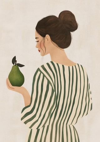 Woman and the Pear by Annika Persson - a woman in a green striped dress holding a green pear