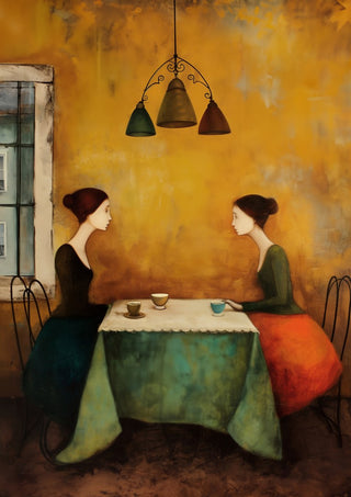 Together Through Everything by Annika Persson - two women at a small table under a pendant lamp