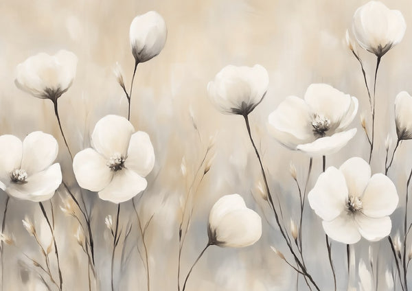 Whispering Blooms by Annika Persson - white flowers and buds on thin stems against soft beige and grey