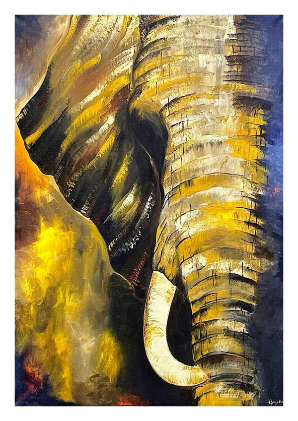 Wild Life 1 by Gayathri Samaranayake - an elephant head and trunk in gold and ochre on deep blue