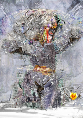 Heart Of Gold by Henrik Kock - a layered figure in snow holding a small orange flower