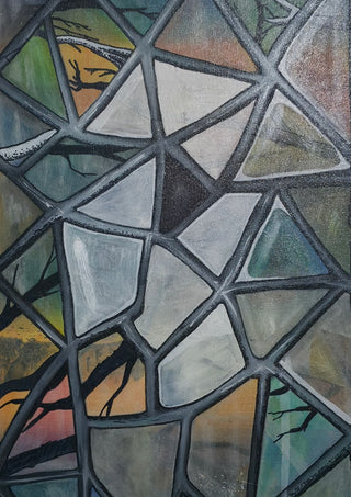 Cracked Glass by Fredprikas - a web of grey ribs over pale panes with a landscape behind