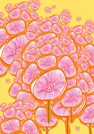 The happy meadow by Creationsbyeditabrus - crowded pink flowers on a butter yellow ground