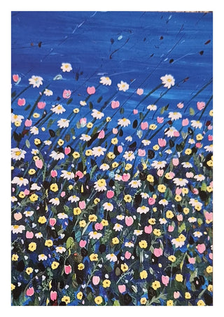 Daisies by Rebecca Wright - white daisies and pink tulips in a meadow against a deep blue sky