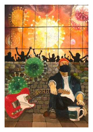 Corona Blues by Lefty-P - a masked musician with a red Telecaster against a stone wall under an orange sky of virus particles