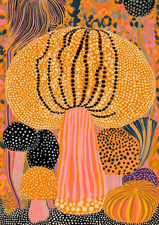 Orange Dot Mushroom by Yokohama - a large orange dotted mushroom with a pink striped stem among smaller caps