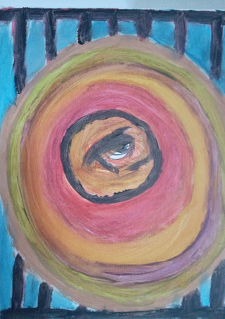 Zeebodem by Mizo - a single eye at the centre of concentric rings in ochre, rose and olive on turquoise