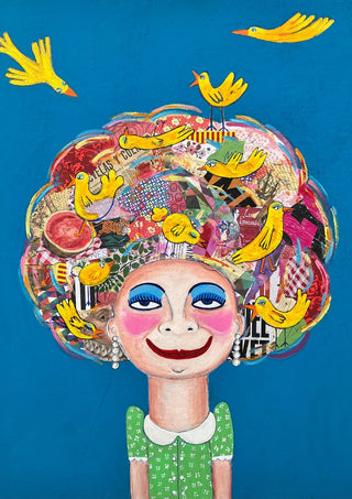 Pájaros en la cabeza by María Burgaz - a woman with collaged paper hair full of yellow birds